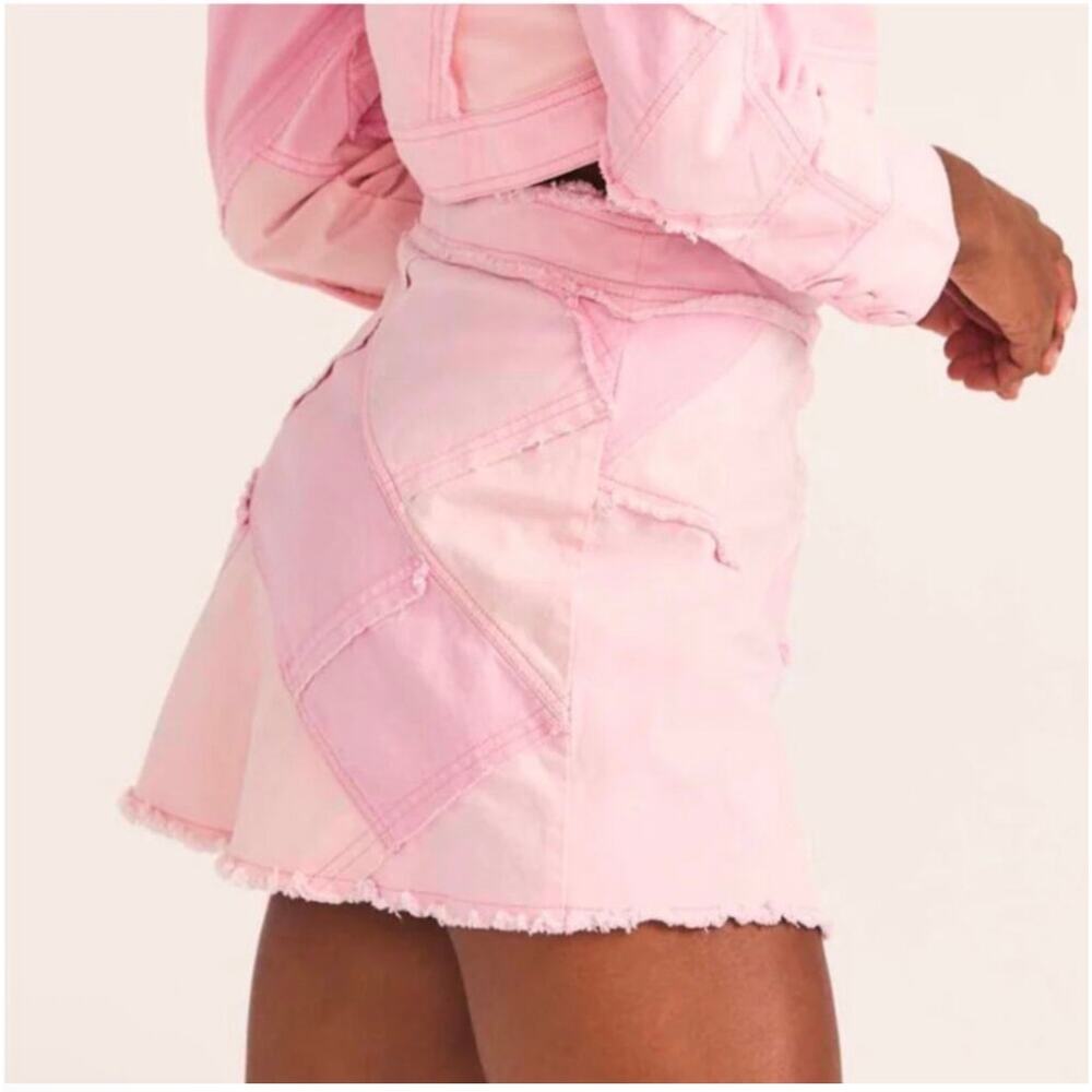 LoveShackFancy Cayde Skirt Womens 6 Pink Mini Raw Edge Cotton Colorblock Patch - Picture 2 of 10